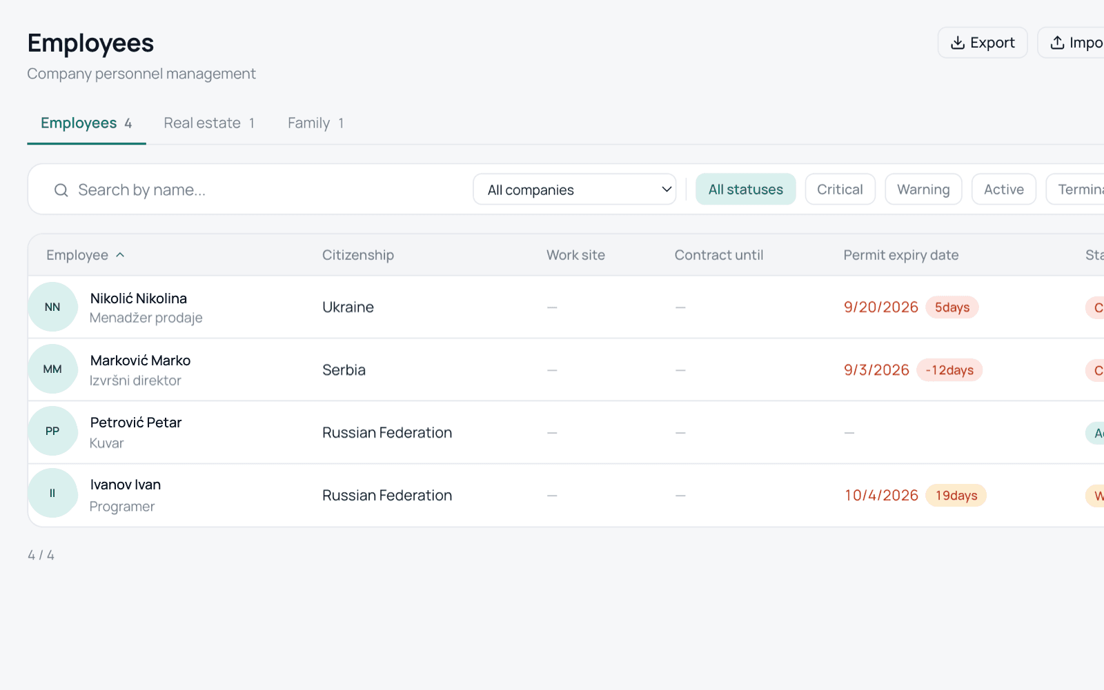 All people by basis: employment, real estate, family. Deadline status visible at a glance, without opening a card.