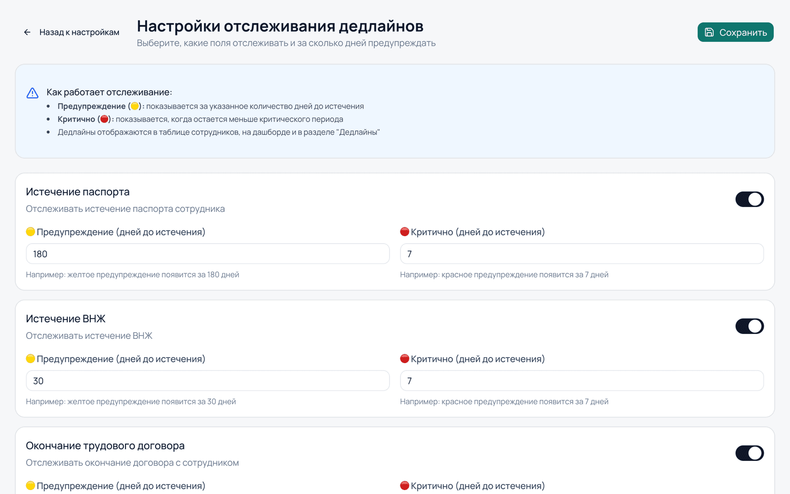 За сколько дней предупреждать по паспорту, боравку и договору, настраиваете сами.