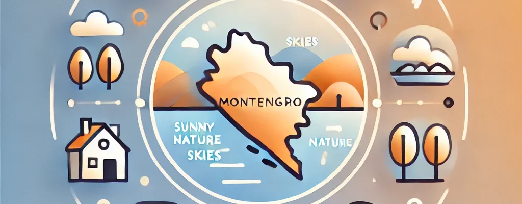 DALL·E 2025-01-11 18.45.38 - A modern and minimalistic illustration for a guide on the pros and cons of living in Montenegro. The image features a stylized map of Montenegro surro